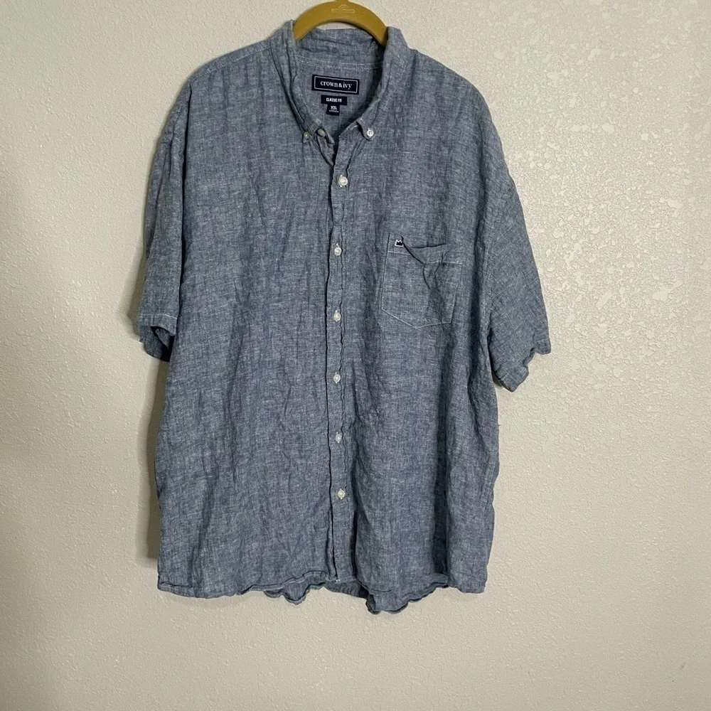 Crown & Ivy Linen Blend Chambray Short Sleeve Button Down Shirt XXL